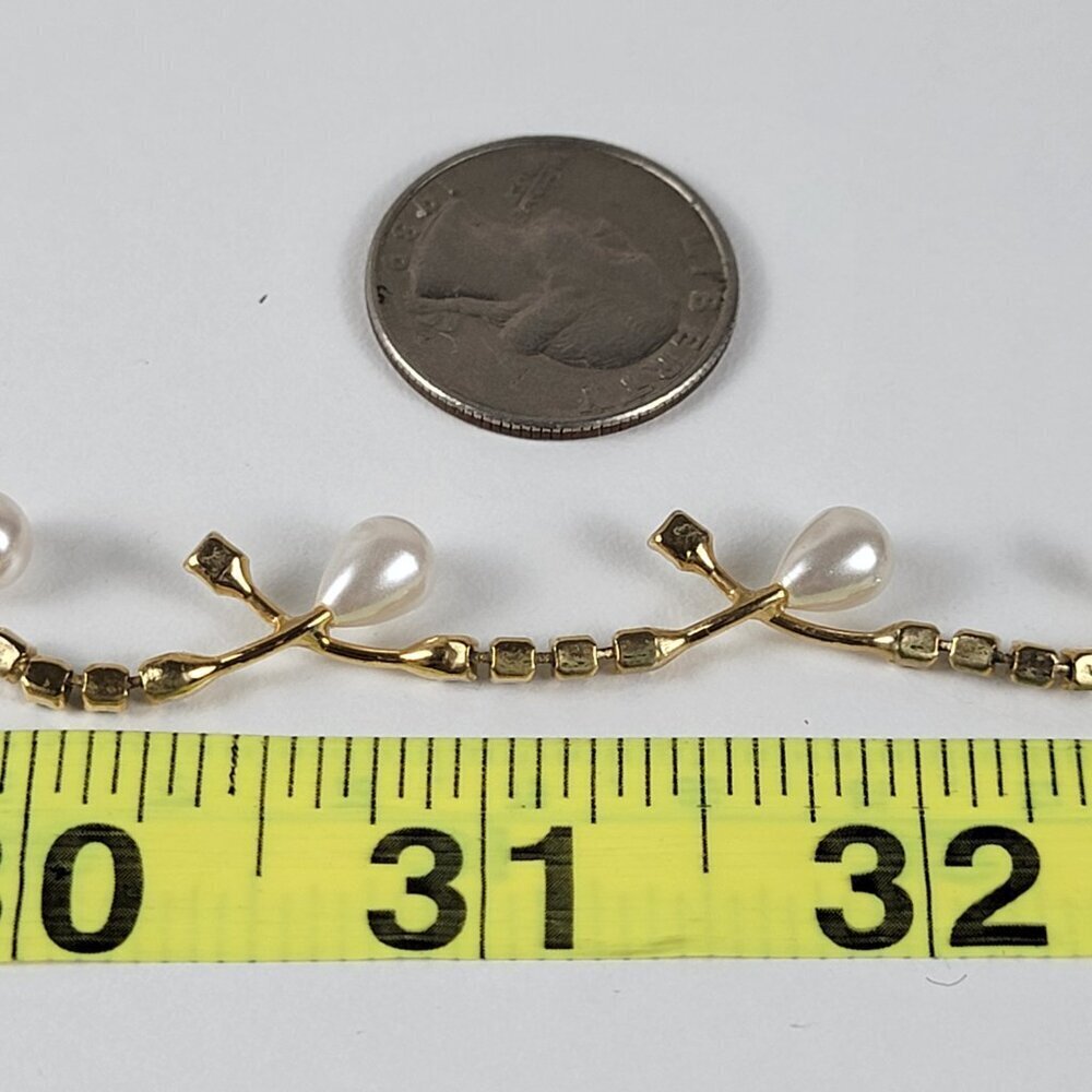 Vintage Gold-Tone Smoke Rhinestone White Faux Pearl Vine Necklace 18 In - Picture 11 of 11